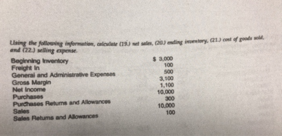 ne following information, calculate (19.) net sales. (20) ending inventory. (21.) cost of goods sold and (22.) selling expens