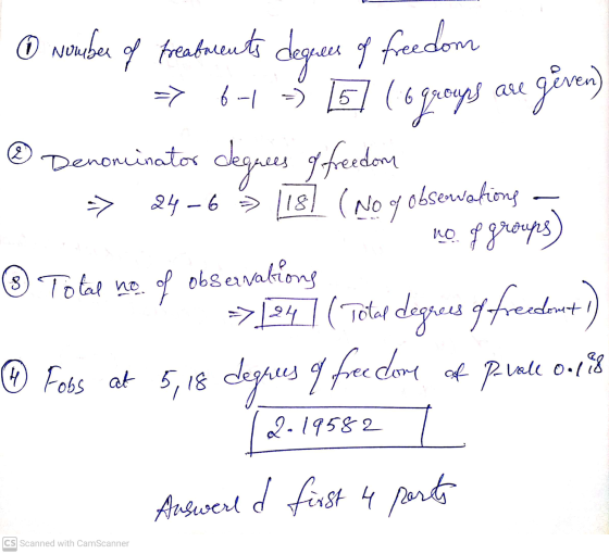 => 6--| 2 degrees O nowbee of freabreuets degree of freedom 5] (ogroups are given Denominator I freedom 24 -6 3 118) (No y ob