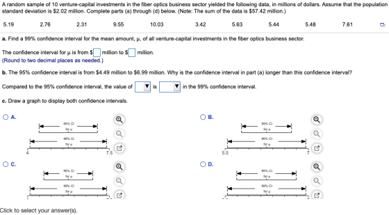 A random sample of 10 venture capital investments in the fiber optics business sector yielded the following data, in millions