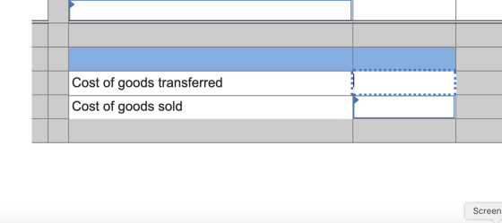 Cost of goods transferred Cost of goods sold Screen