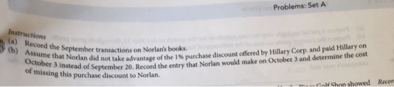 Problems: Set A Instructionson (a) Record the September transactions on Norlans books. (b) Assume that Norlan did not take a