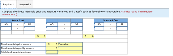 Required 1 Required 2 ------------- Compute the direct materials price and quantity variances and classify each as favorable