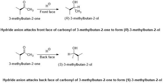 CH3 Front face ront face OH —Н Y CH3 (R)-3-methylbutan-2-ol 3-methylbutan-2-one Hydride anion attacks front face of carbonyl