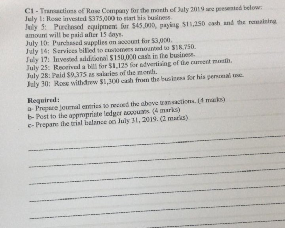 CI - Transactions of Rose Company for the month of July 2019 are presented below: July 1: Rose invested $375,000 to start his