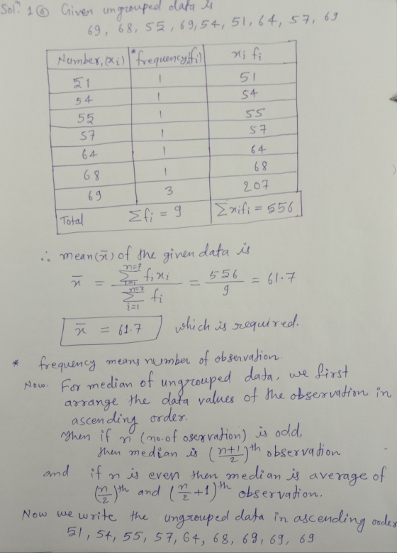 - - Soli 1 @ Given ungrouped clata es 69, 68, 55, 69, 54, 51, 64, 57, 69. Number, (x2) frequencylfi Hi fi 51 51 54 54 55 57