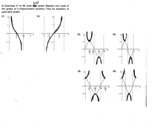 bold n Exercises 51 to 56, each tie graph displays one cyole of the graph of a trigonometric function. Find an equation of ea