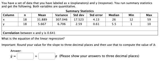 You have a set of data that you have labeled as x (explanatory) and y (response). You run summary statistics and get the foll