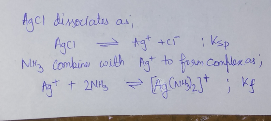 Agcl dissociates as; Agci - Agt ter iksp Nility combine with Agt to form Complex as; Ag+ + 2NH2 ? [Ag (A)2] * ;kf