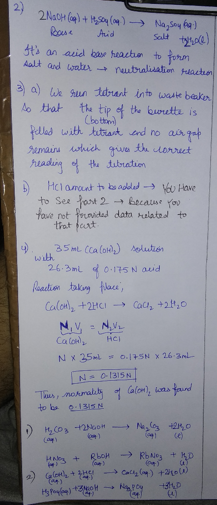 2 2NaOH (ag) +1h so (aq.) Nag sou laa.) Base Acid salt telhole) Its an aid base reaction to form salt and water neutralisati