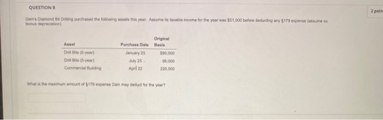 QUESTION 8 2 poin Dains Diamond Bt Drilling purchased the following assets this year. Assume its taxable income for the year
