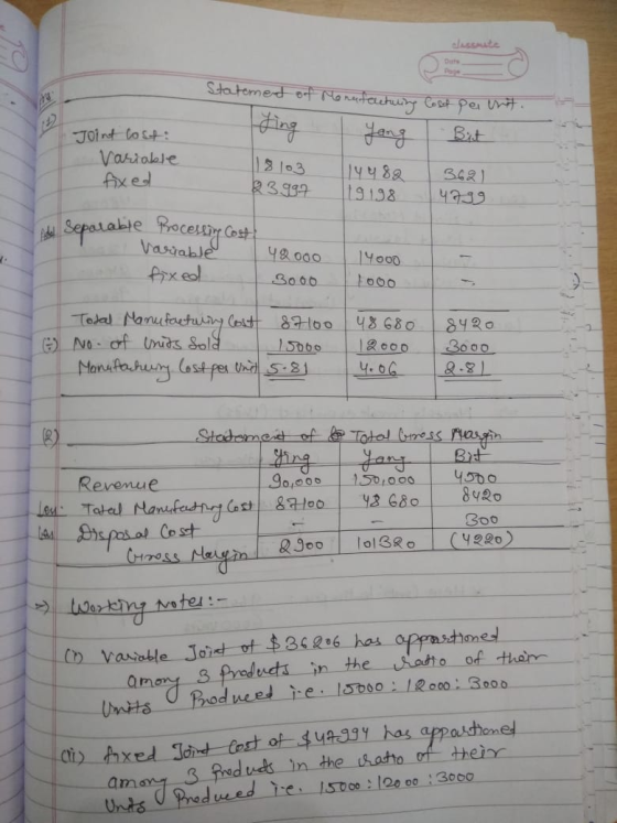 Statement of Monafelcturing Cost per ent. Bit Joint lost: Variable fixed 23997 lY488 179 198 3621 4799 separable Procestoy co