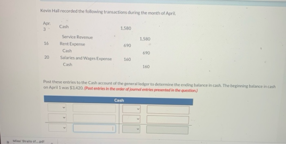 Kevin Hall recorded the following transactions during the month of April. Apr. 3 Cash 1,580 1,580 16 690 Service Revenue Rent