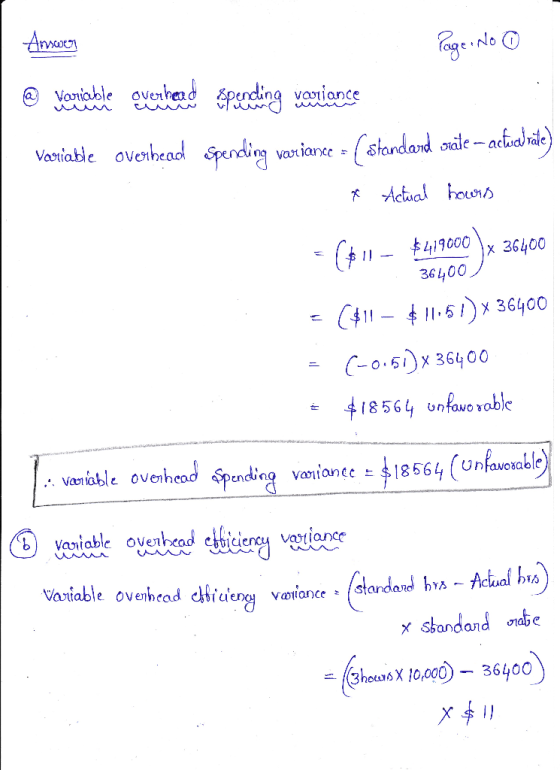 Answer Page No 0 @ Vancouble overhead spending variance Variable overhead Spending variance = (standard sate - actual räle) 1