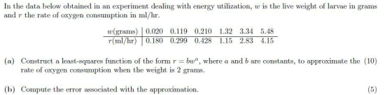 In the data below obtained in an experiment dealing with energy utilization, w is the live weight of larvae in grams and r th