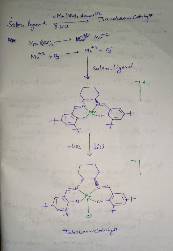 Mn (ote) .45h0, 02 sacobsens Catalyst. Salen legand & till + 2 Mn Mn ) et Mota mot3 + O2 Mut2 + salen. Ligand. + alio2 I Lic
