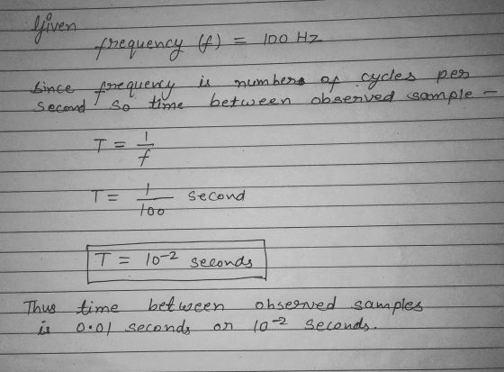Given frequency (f) 4) = 100 Hz is numbers of cycles per between observed sample Second -14 T= second too T = 10-2 seconds Th