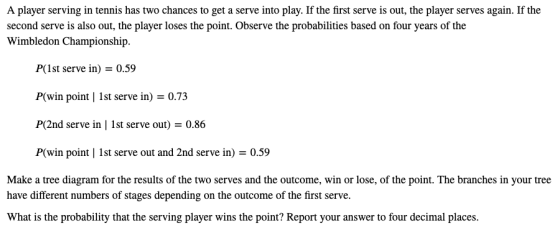 A player serving in tennis has two chances to get a serve into play. If the first serve is out, the player serves again. If t