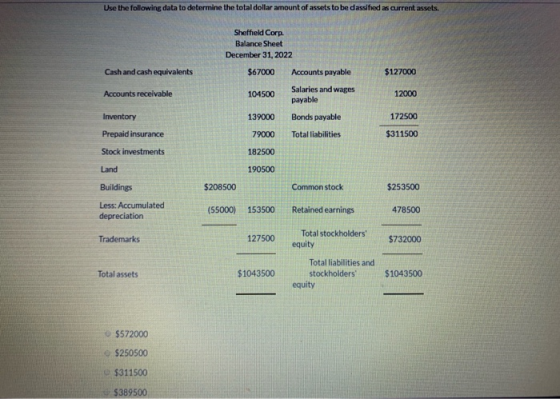 Use the following data to determine the total dollar amount of assets to be dassified as current assets. Cash and cash equiva