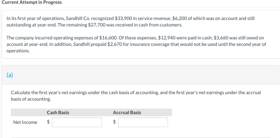 Current Attempt in Progress In its first year of operations, Sandhill Co. recognized $33,900 in service revenue, $6,200 of wh