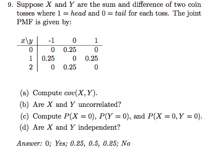9. Suppose X and Y are the sum and difference of two coin tosses where = head and 0-tail for each toss. The joint PMF is given by: 0 00.25 0 10.25 0 0.25 2 0 0.25 0 a) Compute cov(X, Y). (b) Are X and Y uncorrelated? (c) Compute P(X = 0), P(Y = 0), and P(X = 0, Y = 0) (d) Are X and Y independent? Answer: 0; Yes; 0.25, 0.5, 0.25; No