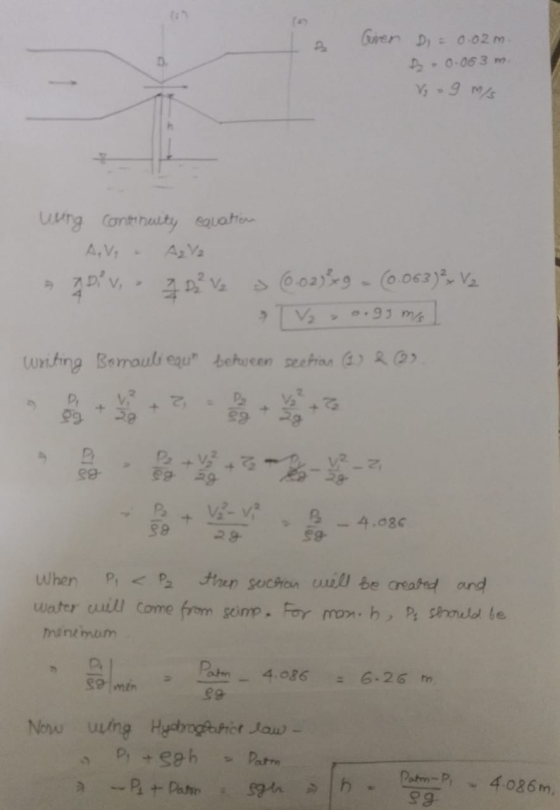 Given Di= 0.02m. B. 0.063 V - 9 m/s wing continuity equation AV. golv, 30² ve 3 (6.02339 - (0.063) ? Vz TV₂ - 0.gyms writing