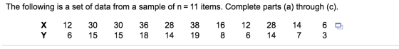 The following is a set of data from a sample of n= 11 items. Complete parts (a) through (C). Х Y 12 6 30 15 30 15 36 18 28 14