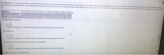 An instructor for a test preparation course claims that the course will improve the test scores of students. The table shows