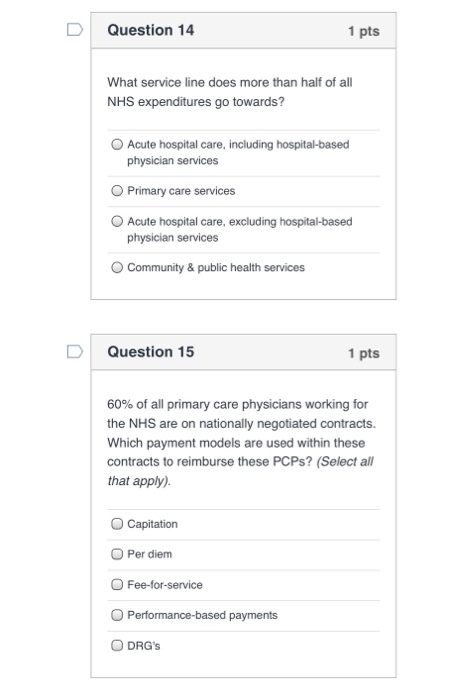Question 14 1 pts What service line does more than half of all NHS expenditures go towards? Acute hospital care, including ho