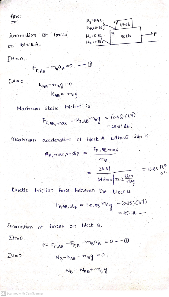 Ans: A 67eb Hy=0-43 Mg=0.387 Hy=0.38, HR -0.335 B Summation of forces AP qolb block A, m ΣΗ=0, 0 FF, AB MARA 20. [1=0 NAB-mag