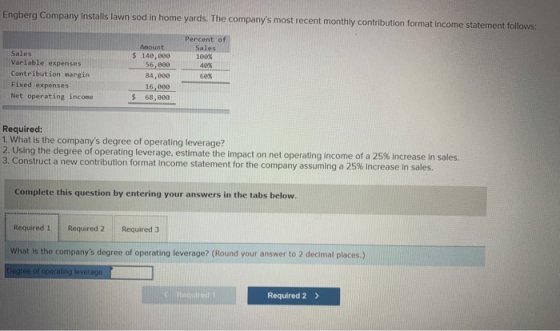 Engberg Company installs lawn sod in home yards. The companys most recent monthly contribution format income statement follo