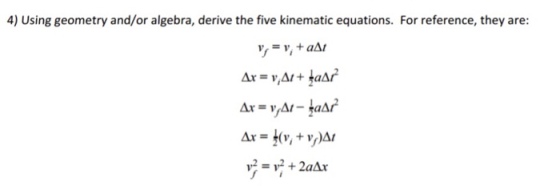 4) Using geometry and/or algebra, derive the five kinematic equations. For reference, they are