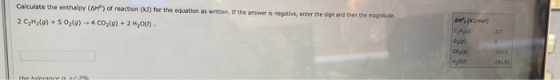 AN, Calculate the enthalpy (Hº) of reaction () for the equation as written. If the answer is negative, enter the sign and the