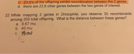 c. 23.6% of the offspring exhibit recombination the 2 genes between d. there are 23.6 other genes between the two genes of interest. 22. While mapping 2 genes in Drosophila, you observe 30 recombinants among 200 total offspring. What is the distance between these genes? a. 6.67 mu b. 40 mu c. 15 mU