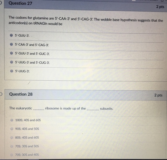 Question 27 2 pts The codons for glutamine are 5-CAA-3 and 5-CAG-3: The wobble base hypothesis suggests that the anticodon(s) on tRNAGIn would be ● 5-GUU-3. 5-CAA-3 and 5-CAG-3. 5.-GUU-3 and 5-GUC-3. 5-UUG-3, and 5-CUG-3. 5-UUG-3. ● Question 28 2 pts The eukaryotic_._ribosome is made up of theubunits. o 100S: 40S and 60S 90S: 40S and 50S 80S: 40S and 60S 70S: 30S and 50S 70S: 30S and 40S