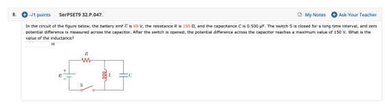 8. + -/1 points SerPSET9 32.P.047. My Notes + Ask Your Teacher In the circuit of the figure below, the battery emf is 65 V, t