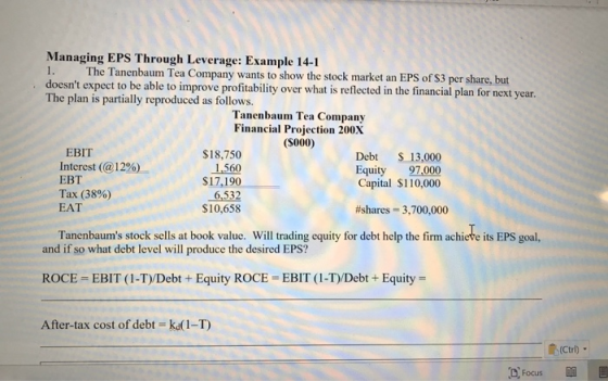 Managing EPS Through Leverage: Example 14-1 1. The Tanenbaum Tea Company wants to show the stock market an EPS of S3 per shar