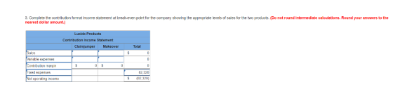 3. Complete the contribution format income statement at break-even point for the company showing the appropriate levels of sales for the two products. (Do not round intermediate calculations. Round your answers to the nearest dollar amount.) Lucido Products Contribution Income Statement Claimjumper Makeover Total riable expenses Contribulion rnargin 82,320 $(82,320) xed expenses cpcrating incomc