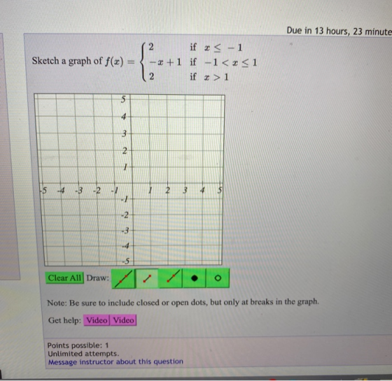 Due in 13 hours, 23 minute Sketch a graph of f(x) = 2 if x < -1 - +1 if –1< < < 1 2 if 2 > 1 5 4 3 N 15 -4 -3 -2 -1 2 3 5 -1