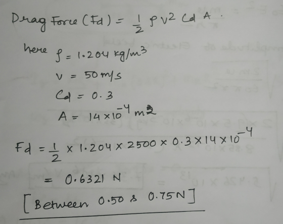 Drag Fore (Fd) - Pv2 Ca A here 1-204 Ka/ms 50 mys V = Co=0.3 mD A-14x10 t fd = x I204 x 2500 x 0.3X14X lO 2 0.6321 N aS M Bet