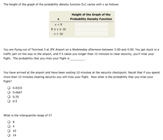 The height of the graph of the probability density function f(x) varies with x as follows: Height of the Graph of the Probabi