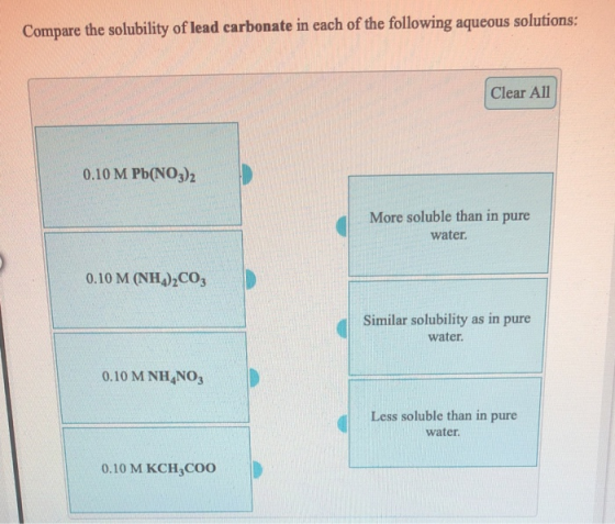 Compare the solubility of lead carbonate in each of the following aqueous solutions: Clear All 0.10 M Pb(NO3)2 More soluble t