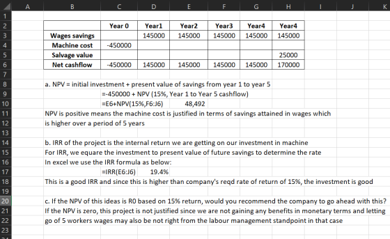 A B С D E F G Н. J к 1 2 Year 0 Year1 145000 Year2 145000 Year3 145000 Year4 145000 Year4 145000 3 4 -450000 Wages savings Ma