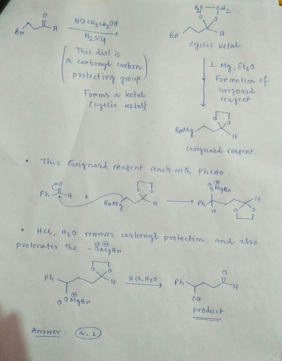 H₂ - CH₂ i HO CH₂ CH₂OH Br H H₂SO4 Во cyclic ketal This diol is a carbonyl carbon protecting group. Mg, Etzo Forms a ketal (c