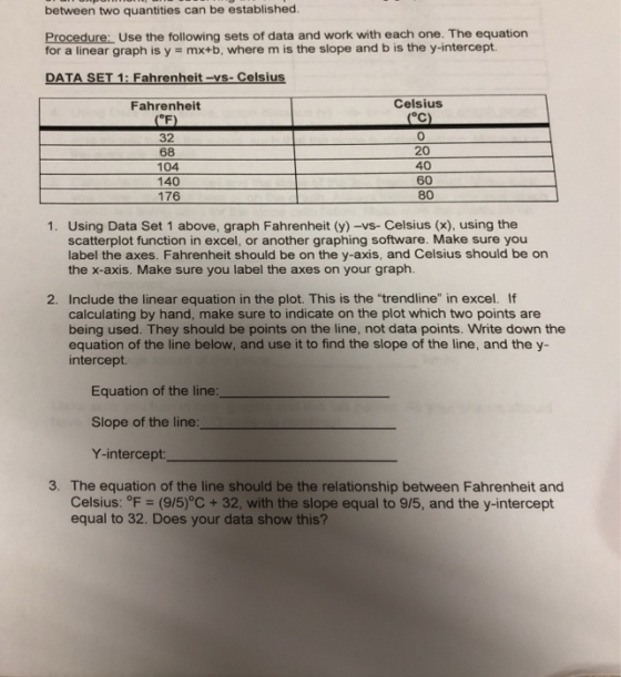 between two quantities can be established. Procedure: Use the following sets of data and work with each one. The equation for a linear graph is y mx+b, where m is the slope and b is the y-intercept DATA SET 1: Fahrenheit-vs-Celsius Fahrenheit Celsius 32 68 104 140 176 0 20 40 60 80 1. Using Data Set 1 above, graph Fahrenheit (y)-vs- Celsius (x), using the scatterplot function in excel, or another graphing software. Make sure you label the axes. Fahrenheit should be on the y-axis, and Celsius should be on the x-axis. Make sure you label the axes on your graph. 2. Include the linear equation in the plot. This is the trendline in excel. If calculating by hand, make sure to indicate on the plot which two points are being used. They should be points on the line, not data points. Write down the equation of the line below, and use it to find the slope of the line, and the y- intercept. Equation of the line: Slope of the line: Y-intercept: 3. The equation of the line should be the relationship between Fahrenheit and Celsius: °F (9/5)°C +32, with the slope equal to 9/5, and the y-intercept equal to 32. Does your data show this?