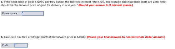 a. If the spot price of gold is $980 per troy ounce, the risk-free interest rate is 6%, and storage and insurance costs are z