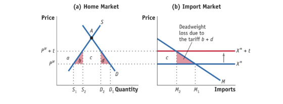 me Market (b) Import Market Price Price Deadweight loss due to the tariff bud p + t ..... X*+t a pW.... • D Si se D2 D, Quan