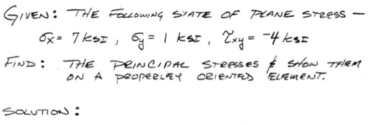 GIVEN: THE FOLLOWING STATE OF PEANE stress Ox= 7ksi , Ga I kst, Exy = -4 less Find: THE PRINCIPAL STRESSES SHOW THEM ON A pro