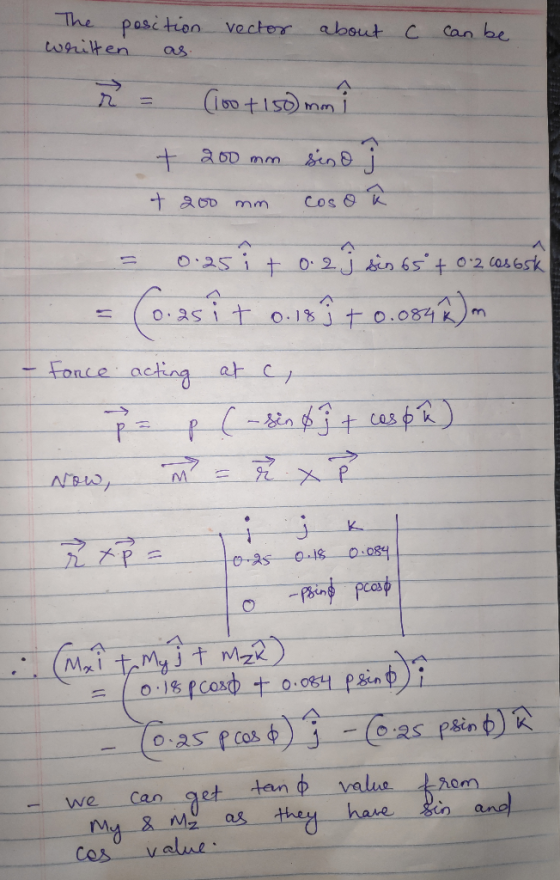 The position vector written as. about c can be r = (loo +150) mm i + 200 mm sinoj + 200 mm coso û = 0.25it 0.2 j sin 6st 0.2