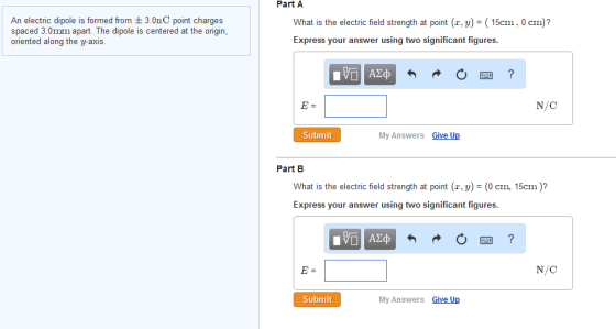 Image for An electric dipole is formed from plus or minus 3.0 nC point charges spaced 3.0mm apart. The dipole is cente