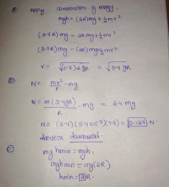 * Apply conservatio conservar g energy o mgh = (QR) ing + Zmy ² (3-7R) mg = 20 mg + / mr² (372) mg - (QR) mg 7 mra V = V0.7)